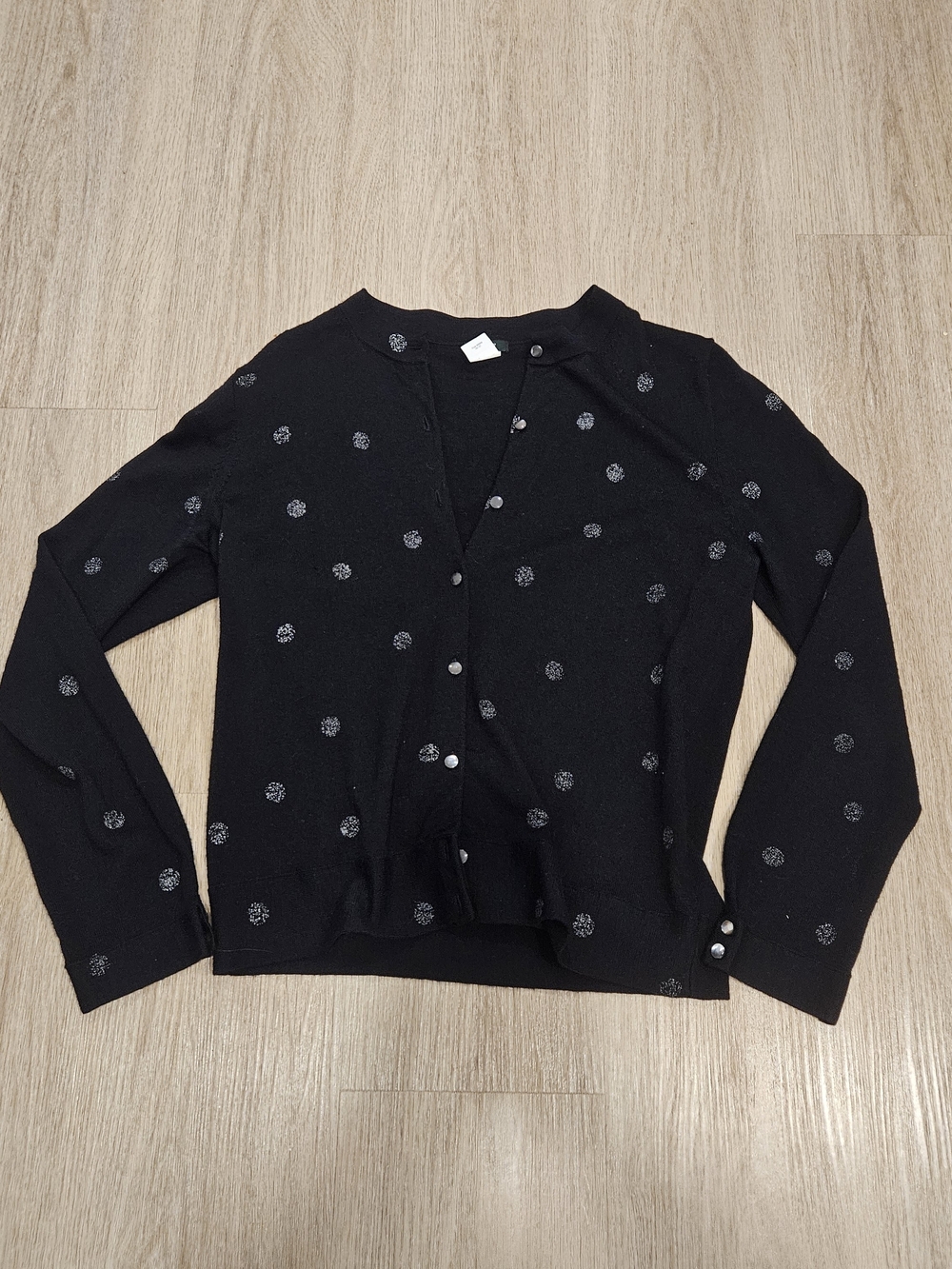 J.Crew Women's Black Metallic Polka Dot 100% Merino Wool Cardigan Sweater Size M